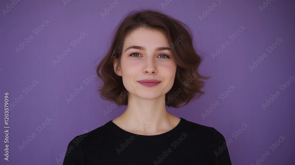 Fototapeta premium Portrait of Stylish Professional Woman Presenting News on Violet Background