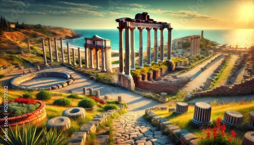 Scenic view of ruins of leptis magna at sunset with coastline in background