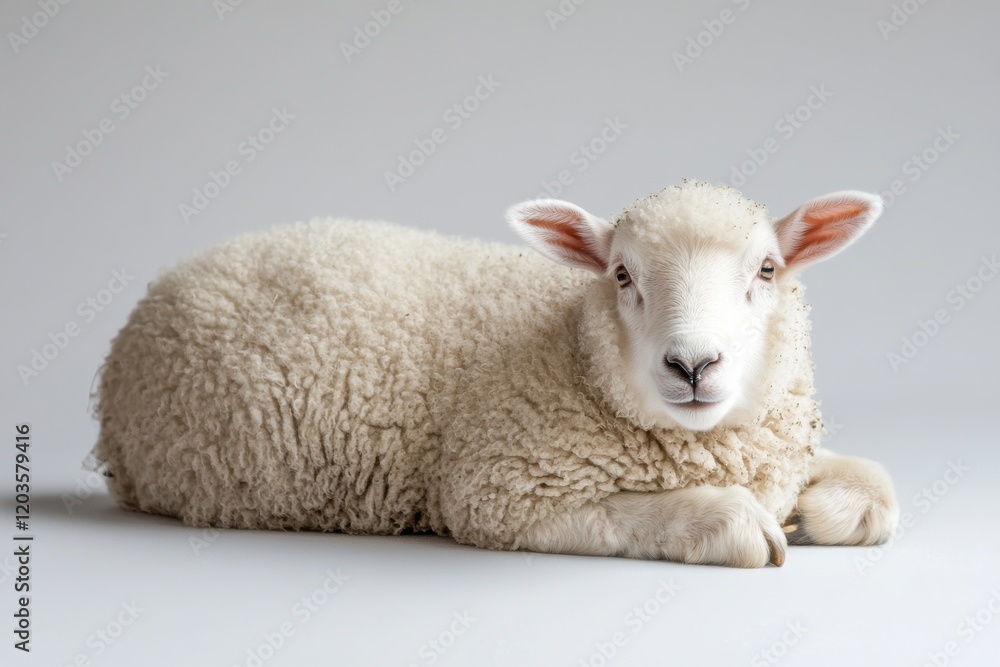 Fototapeta premium Adorable young lamb resting on a white background.