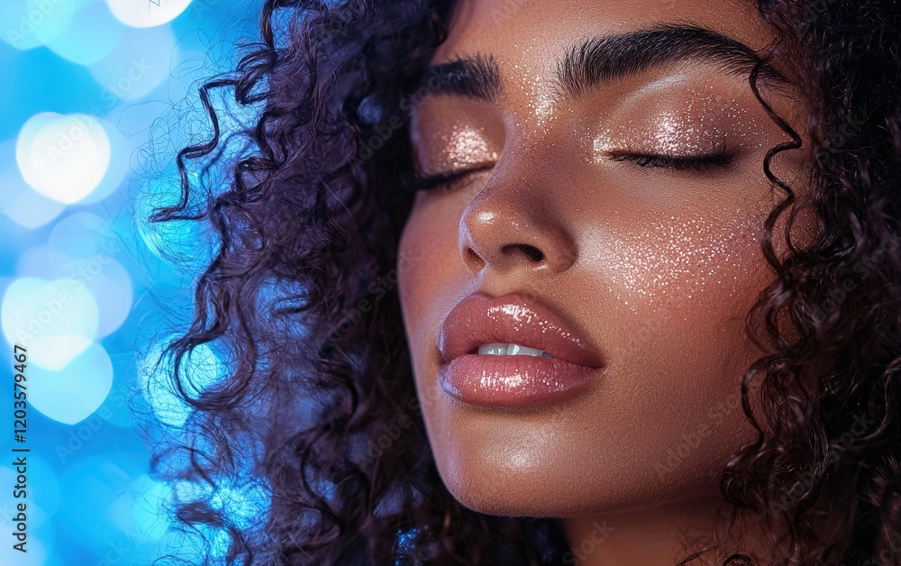 Fototapeta premium A beauty shot of a woman with glowing bronze highlighter and soft curls, against a blue heart bokeh background