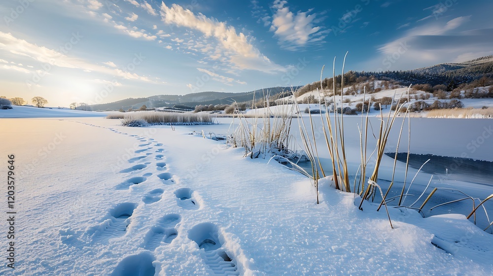 A trail of footprints leading to a frozen lake, surrounded by frosty reeds and snowy hills. A trail of footprints leading to a frozen lake, surrounded by frosty reeds and snowy hills.