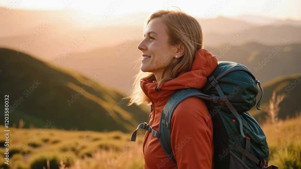 Joyful Hiker with Backpack Enjoying a Beautiful Sunset in the Mountains: Captivating Outdoor Adventure and Nature Experience Joyful Hiker with Backpack Enjoying a Beautiful Sunset in the Mountains: Captivating Outdoor Adventure and Nature Experience