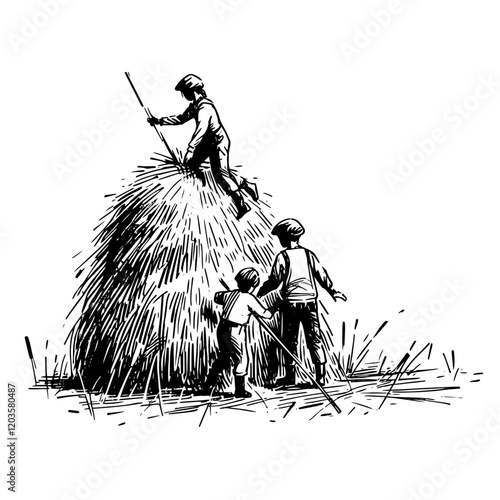 children playing on haystack vector black and white illustration for rural theme