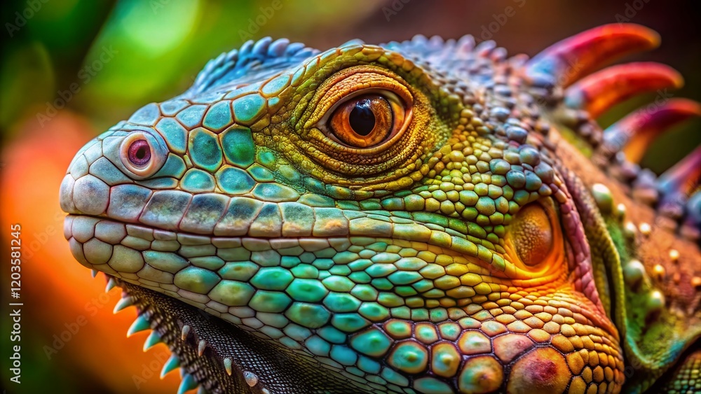 Obraz premium Close-up Macro Photograph of an Iguana, Detailed Reptile Texture, Sharp Focus, Vivid Colors, High Depth of Field