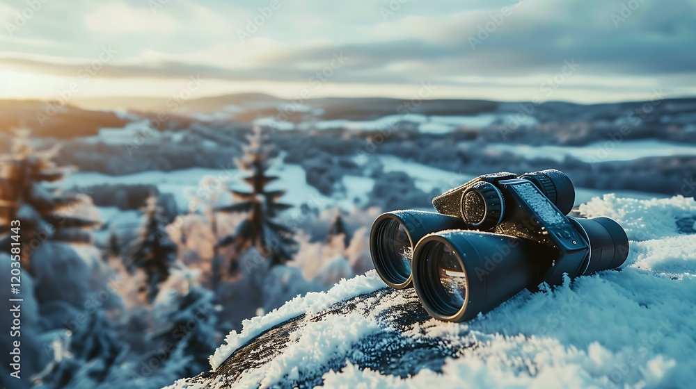 pair of binoculars resting on a snowy rock, overlooking a frosty valley. pair of binoculars resting on a snowy rock, overlooking a frosty valley.