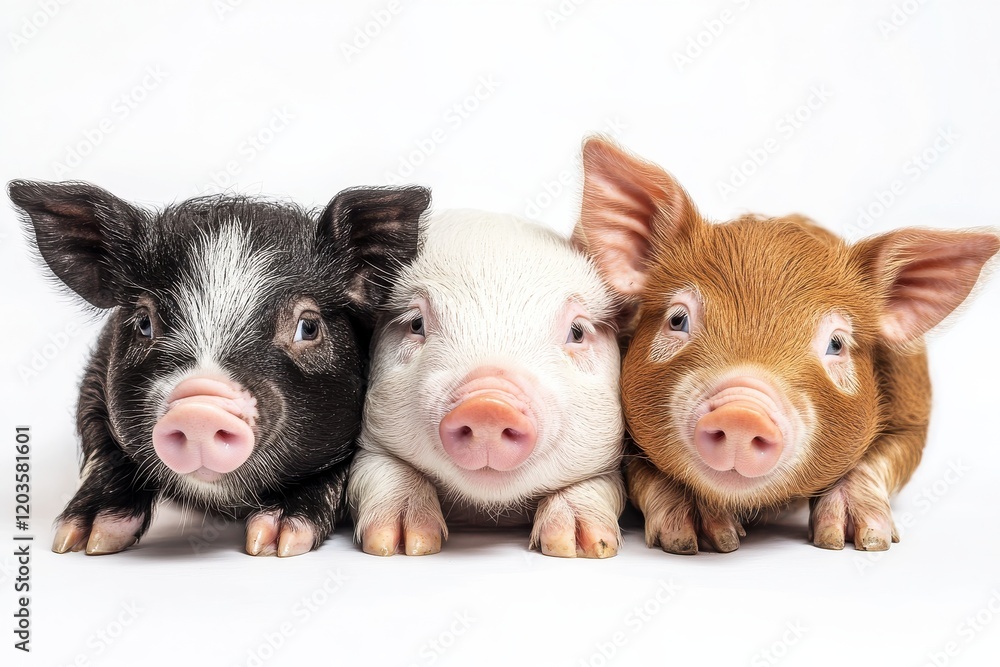 Three piglets, black, white, and brown, huddle together. Three piglets, black, white, and brown, huddle together.