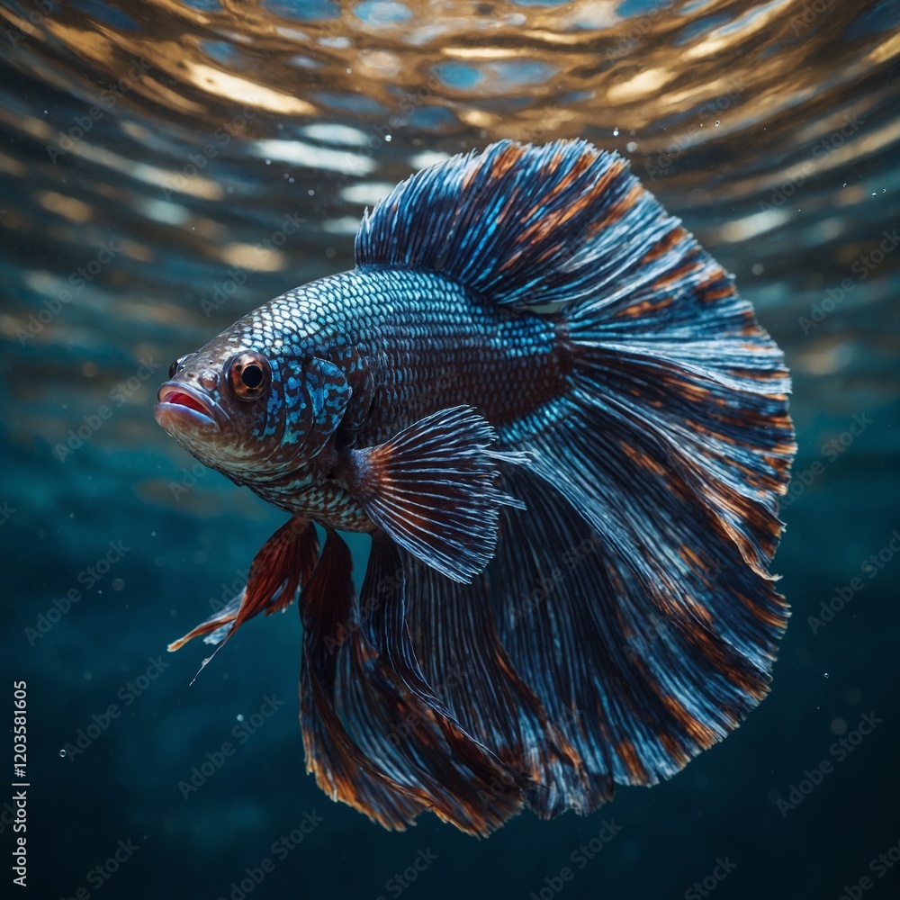 Fototapeta premium A Betta fish with shimmering metallic scales, highlighted against an abstract water ripple pattern.