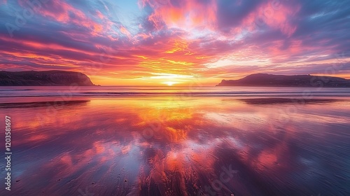 Golden Hour, Majestic Beach and Forest Views, Beautiful Scenic Horizon and Dramatic Clouds photo