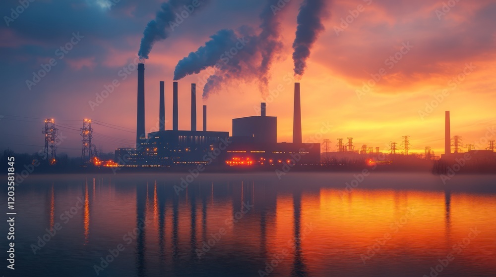 Sunset industrial plant pollution reflection. Sunset industrial plant pollution reflection.
