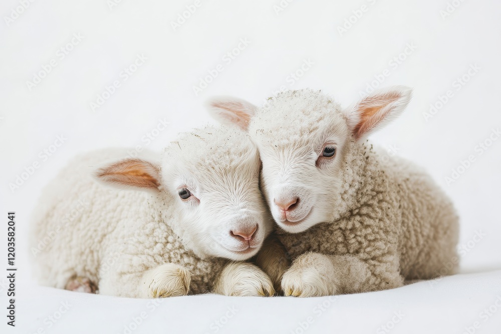Obraz premium Two fluffy lambs cuddle close together.