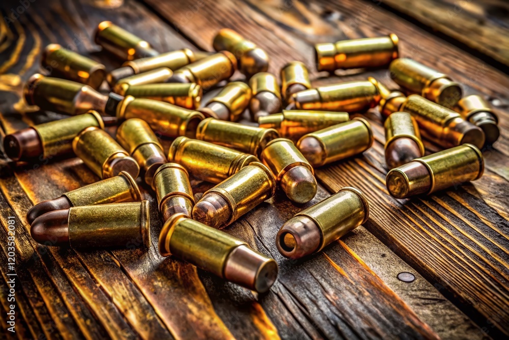 Close-up of .45 ACP Pistol Ammunition, Spent Cartridge Casings, Bullet Shells, Gun Ammunition, Firearm Cartridge Close-up of .45 ACP Pistol Ammunition, Spent Cartridge Casings, Bullet Shells, Gun Ammunition, Firearm Cartridge