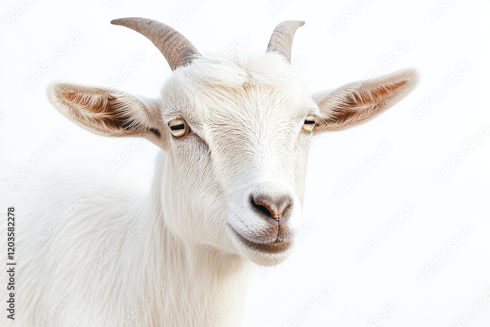 Portrait of a curious white goat. Portrait of a curious white goat.