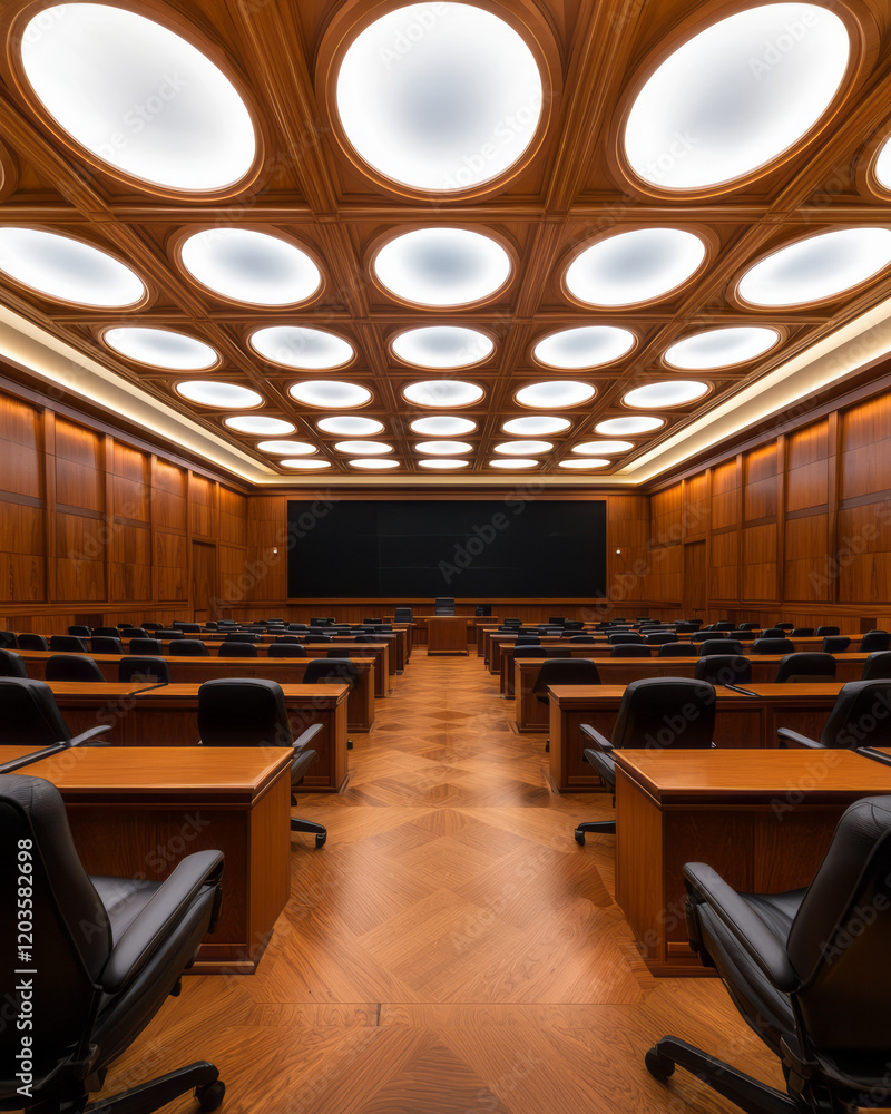 A high-tech courtroom equipped with digital displays, electronic evidence presentation systems, and modern seating arrangements, A high-tech courtroom equipped with digital displays, electronic evidence presentation systems, and modern seating arrangements,