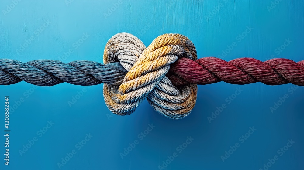 Colorful Knot of Rope in Blue Background with Red Yellow and Gray Strands Colorful Knot of Rope in Blue Background with Red Yellow and Gray Strands