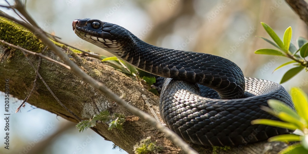 Close-up of Black Snake on Branch - Wild Reptile Portrait Photography Close-up of Black Snake on Branch - Wild Reptile Portrait Photography