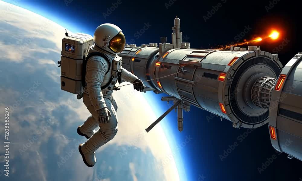 Astronaut floating outside a space station, showcasing space exploration in a zero-gravity environment Astronaut floating outside a space station, showcasing space exploration in a zero-gravity environment