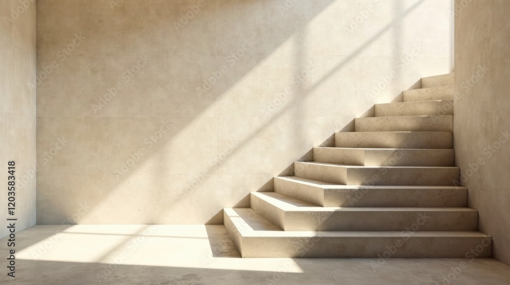 A sunlit concrete staircase ascending within a minimalist interior space A sunlit concrete staircase ascending within a minimalist interior space