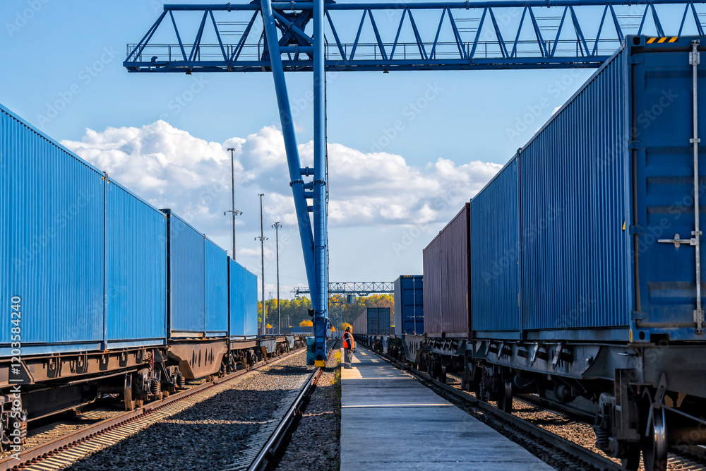 Fototapeta premium Train traffic. Container loading and unloading station. Logistics railway hub