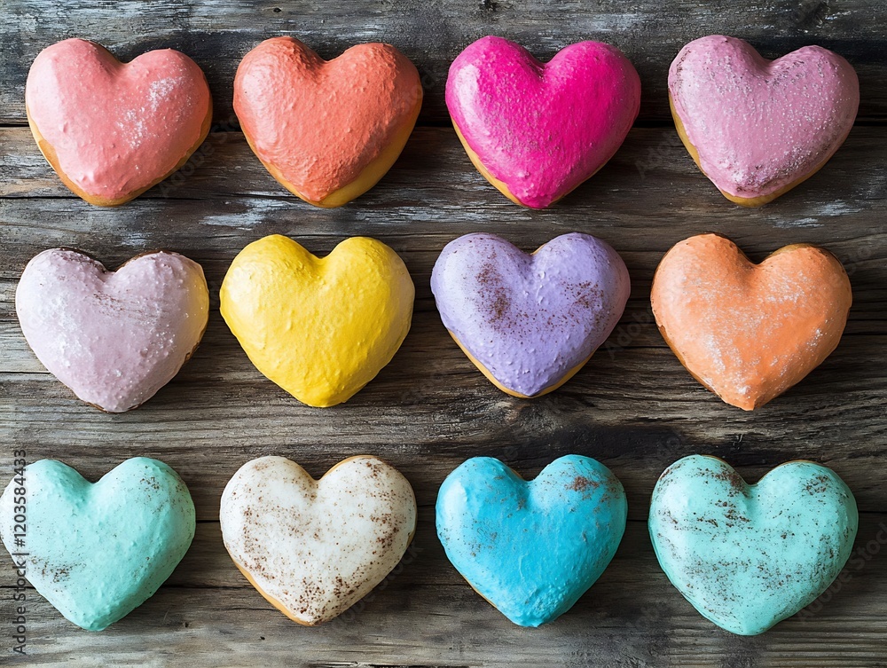 Fototapeta premium Pastel Heart Shaped Donuts Delightfully Arranged. AI Generated