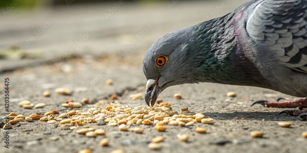 Fototapeta premium Close-up of Rock Pigeon Examining Grains on Urban Ground - Detailed Texture