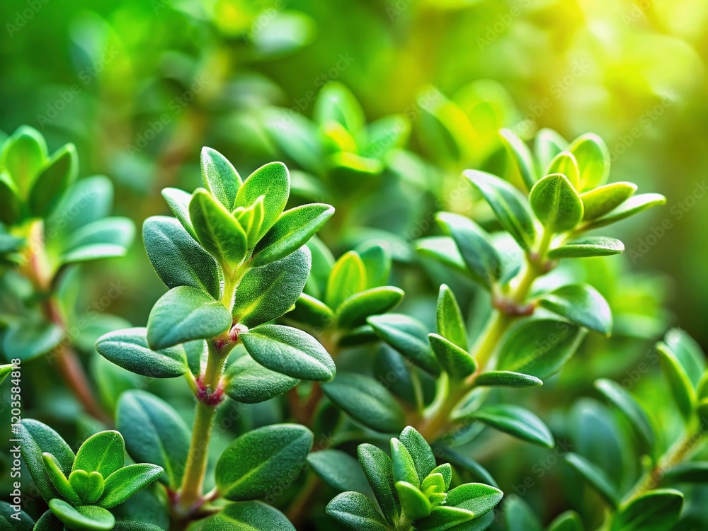 Obraz premium Close-up of Thyme Herb, Aromatic Culinary Plant, Fresh Green Thyme Sprigs