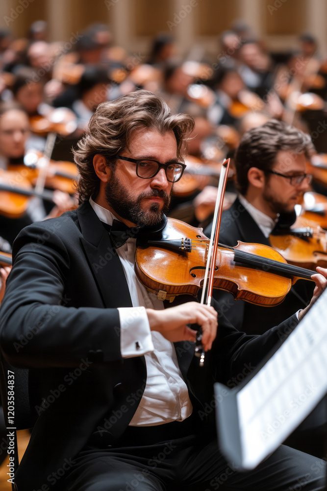 Fototapeta premium A dynamic orchestra performing a symphony in a grand concert hall, with musicians passionately engaged in their instruments,