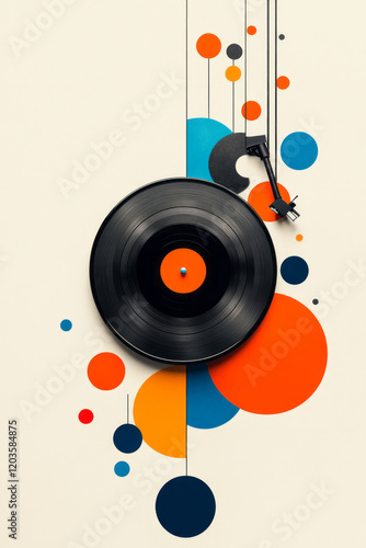 A creative depiction of a vinyl record spinning on a turntable, with colorful grooves and retro-style design elements,