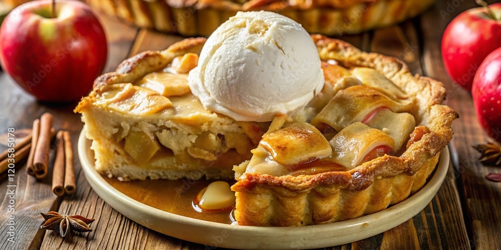 Close-Up of Warm Apple Pie Topped with a Scoop of Ice Cream Close-Up of Warm Apple Pie Topped with a Scoop of Ice Cream