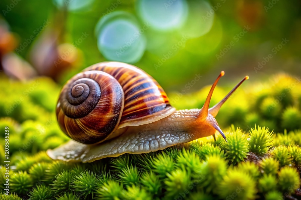 Close-up of Young Giant African Land Snail Crawling on Green Moss - High Depth of Field Stock Photo Close-up of Young Giant African Land Snail Crawling on Green Moss - High Depth of Field Stock Photo