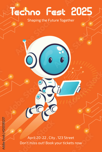 technology festival flyer template  with cute robot with tablet flat vector illustration