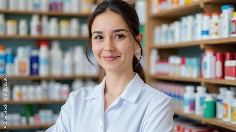 Smiling Young Female Pharmacist in White Lab Coat Standing in Modern Pharmacy with Medicine Shelves Background Smiling Young Female Pharmacist in White Lab Coat Standing in Modern Pharmacy with Medicine Shelves Background