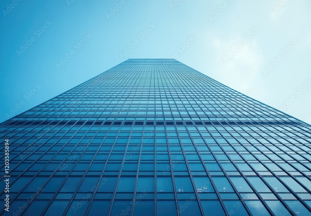 Modern Glass Skyscraper Reaching Towards a Clear Blue Sky with Reflections of Surrounding Buildings and Soft Cloud Patterns in a Urban Environment Modern Glass Skyscraper Reaching Towards a Clear Blue Sky with Reflections of Surrounding Buildings and Soft Cloud Patterns in a Urban Environment
