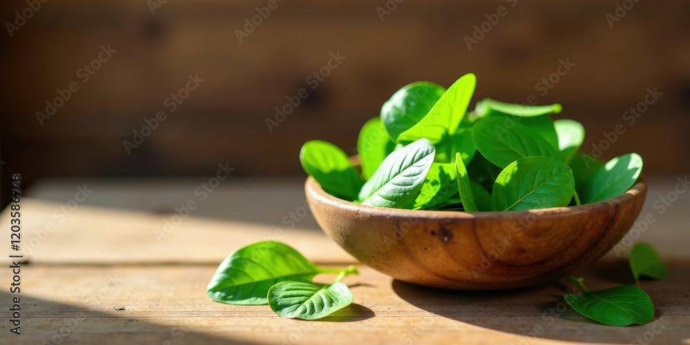 A rustic wooden bowl overflowing with vibrant green leaves, bathed in sunlight on a weathered wooden surface A rustic wooden bowl overflowing with vibrant green leaves, bathed in sunlight on a weathered wooden surface