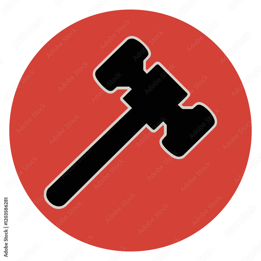 Black Hammer Icon on Red Circle Background: Illustration of Tool, Construction, Repair, Justice, Law, Symbol, Graphic Design Element Black Hammer Icon on Red Circle Background: Illustration of Tool, Construction, Repair, Justice, Law, Symbol, Graphic Design Element