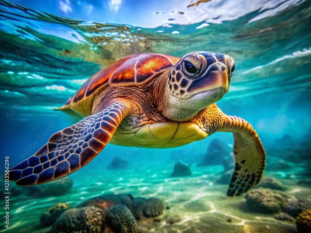 Obraz premium Close-Up Sea Turtle Swimming: Detailed Shell & Flippers - Marine Wildlife Stock Photo