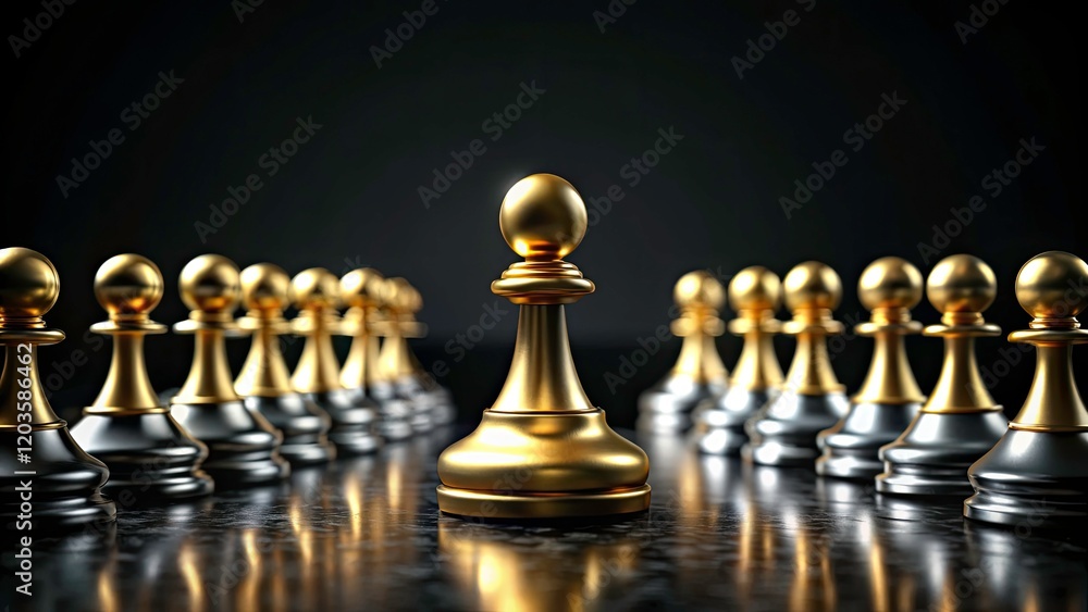 Golden Chess Pawn Among Black Pawns - Symbol of Leadership and Distinction in Strategic Thinking and Decision Making Golden Chess Pawn Among Black Pawns - Symbol of Leadership and Distinction in Strategic Thinking and Decision Making