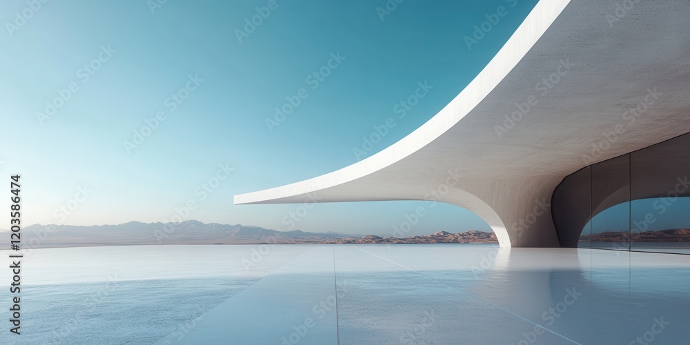 Modern minimalist architecture featuring smooth curves and large open space, overlooking a serene landscape under a clear blue sky in a contemporary design environment Modern minimalist architecture featuring smooth curves and large open space, overlooking a serene landscape under a clear blue sky in a contemporary design environment