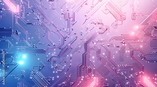 Futuristic illustration of a circuit board with glowing blue microchips and intricate patterns, representing AI technology, innovation, and advanced digital systems in a connected, automated world
