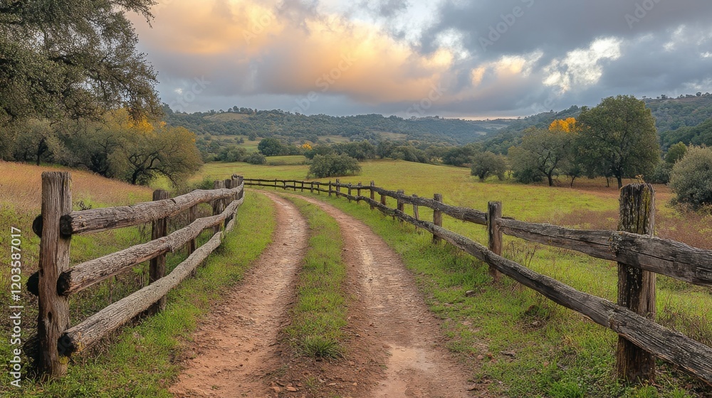 Rural pathway through a serene landscape with a rustic fence and a golden sunset painted across the cloudy sky Rural pathway through a serene landscape with a rustic fence and a golden sunset painted across the cloudy sky