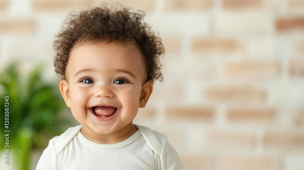 Happy baby laughing, indoor portrait, brick wall background, family photo Happy baby laughing, indoor portrait, brick wall background, family photo