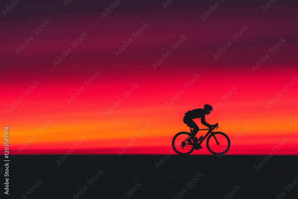 Fototapeta premium A cyclistâ€™s silhouette riding against the backdrop of a dramatic sunset, symbolizing strength and perseverance,