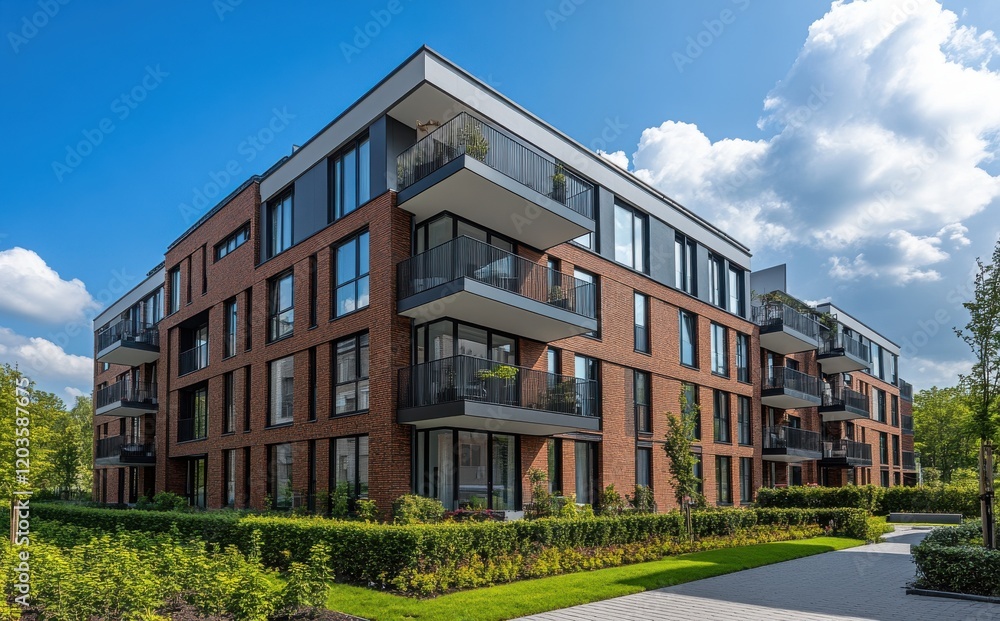 Modern Urban Apartments Surrounded by Greenery and Clear Blue Sky Showcasing Contemporary Architecture and Lush Landscaping in a Vibrant Neighborhood Setting Modern Urban Apartments Surrounded by Greenery and Clear Blue Sky Showcasing Contemporary Architecture and Lush Landscaping in a Vibrant Neighborhood Setting