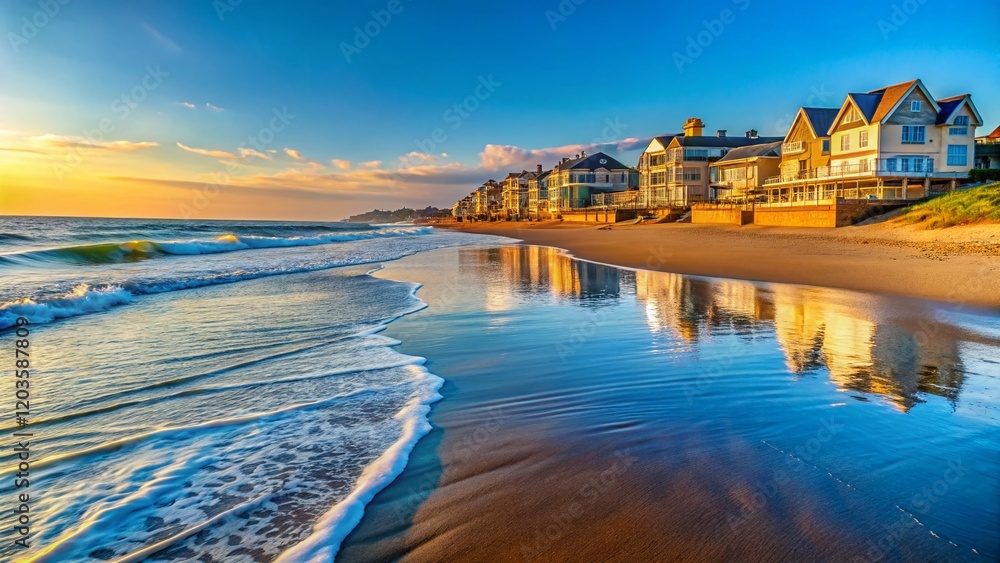 Fototapeta premium Coastal Residential Scene: Serene Beachfront Homes & Expansive Ocean View