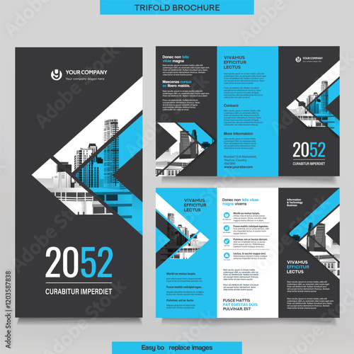 Business Brochure Template in Tri Fold Layout. Corporate Design Leaflet with replaceable image.