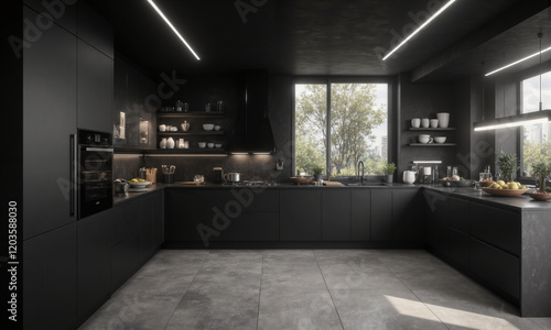 Tech-centric kitchen in matte black, with smart appliances that automate cooking processes based on recipes and augmented reality countertops that photo