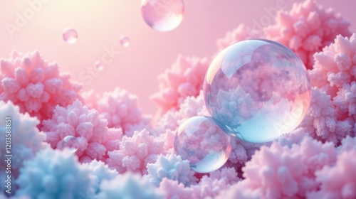 Dreamlike Spheres Resting on a Soft, Pastel Floral Landscape, Evoking a Sense of Calm and Wonder