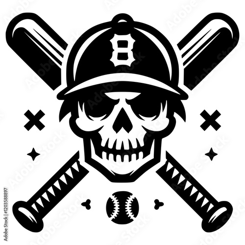 A skull wearing a baseball cap, with crossed bats forming a pirate-inspired logo