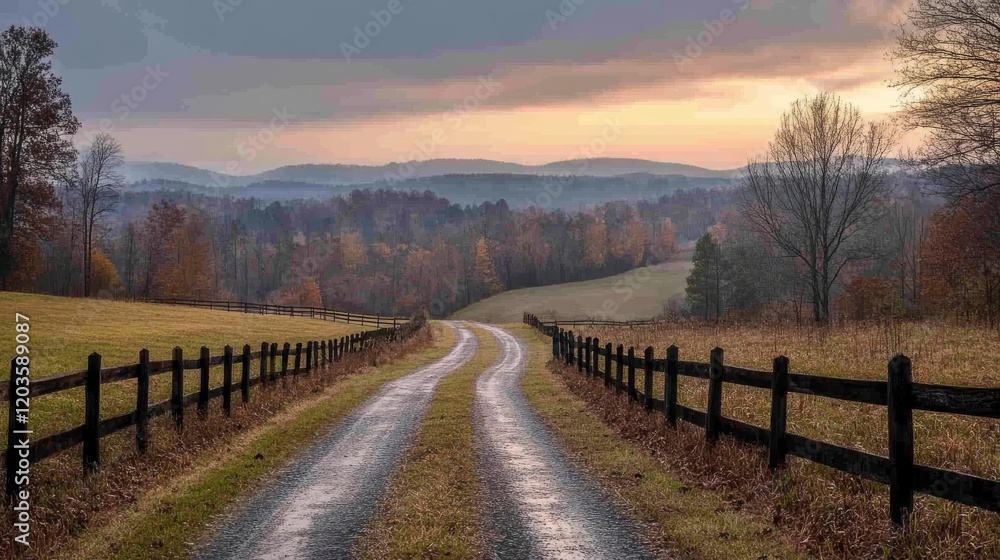 Winding gravel road through autumn fields leading to misty mountains at dawn Winding gravel road through autumn fields leading to misty mountains at dawn