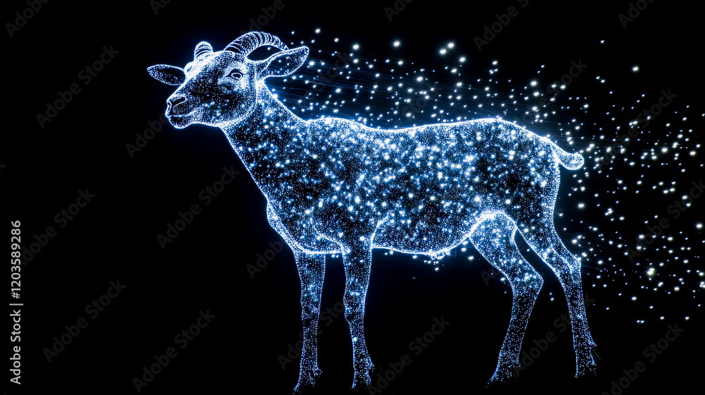 A futuristic digital hologram of a goat composed of glowing blue particles, appearing to dissolve into light, set against a black background.
A futuristic digital hologram of a goat composed of glowing blue particles, appearing to dissolve into light, set against a black background.