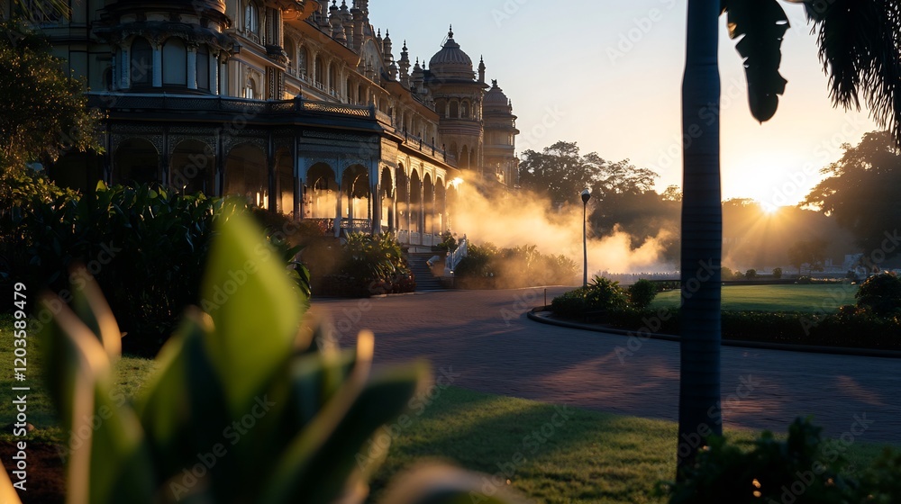 Naklejka premium A grand building with a sunrise view and mist in the garden with tall palm trees